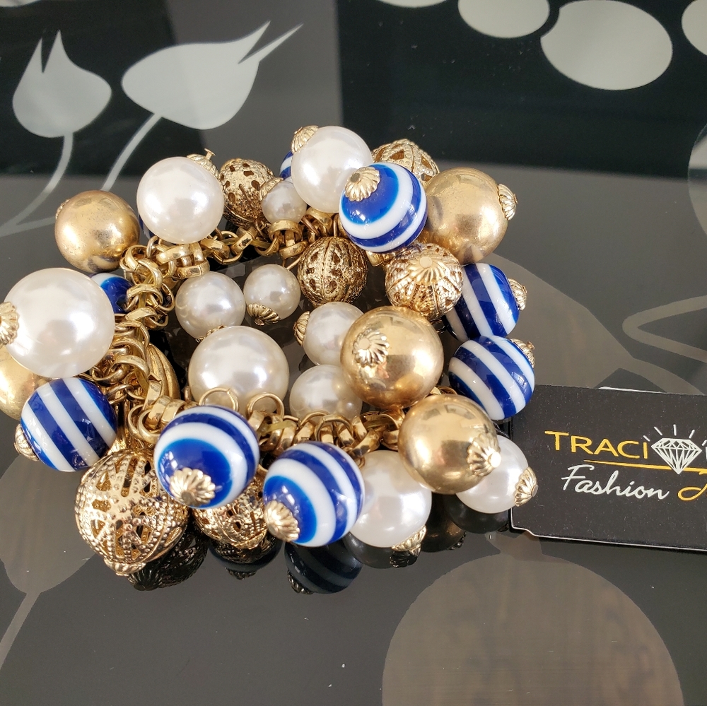 New Gold Blue and White Nautical Stretch Bracelet